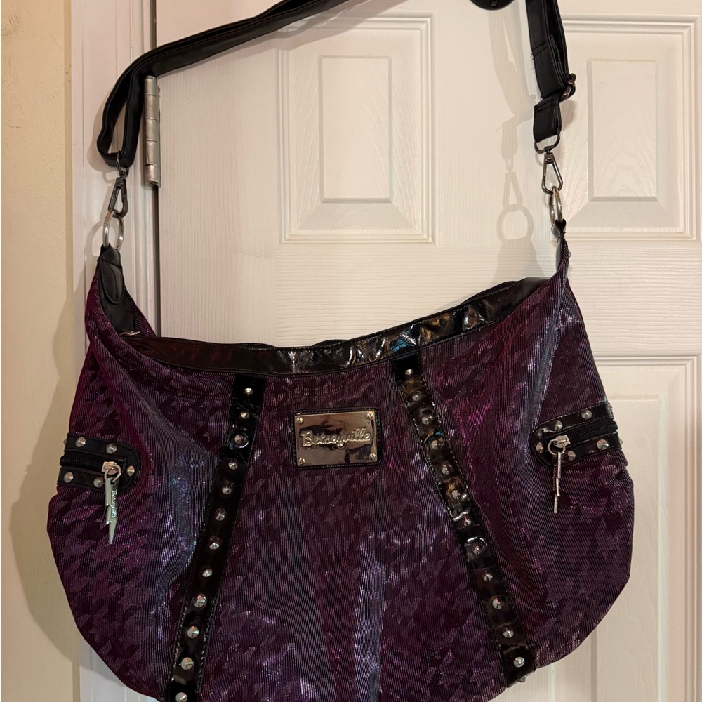 Betsey Johnson Betseyville Pink Purple Iridescent Houndstooth Stud Purse Bag